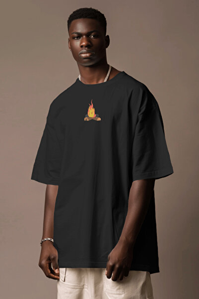 Nakışlı Oversize Siyah Tişört | Unisex Kamp Tişörtü | Odun Ateşi Minimal Nakışlı T-Shirt