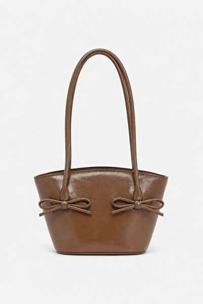 Madamra Brown Women's Patent Leather Look Bow Detailed Long Strap Shoulder Bag