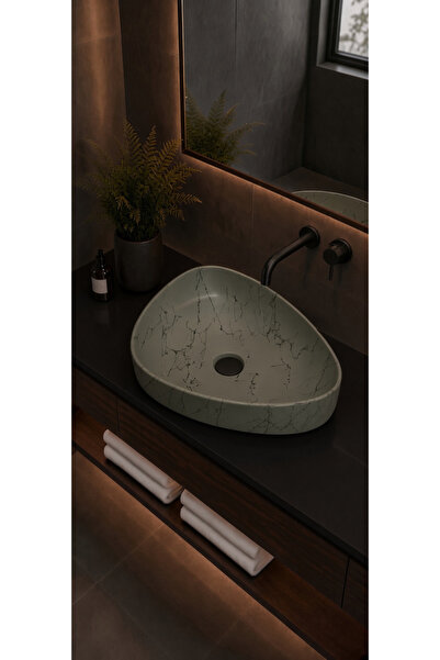 Taş Atölyesi Mermer Desenli Tezgah Üstü Oval Model Çanak Taş Lavabo 48 x 38 cm