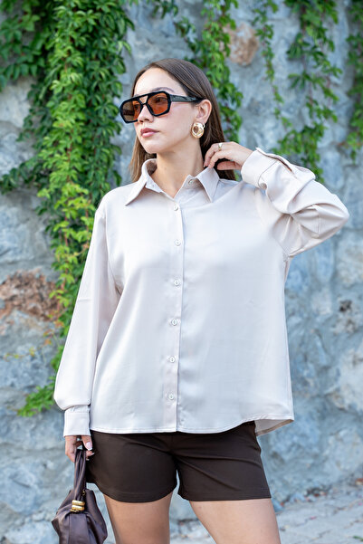 Merci Women's Cream Color Classic Satin Shirt (100% Satin Fabric)