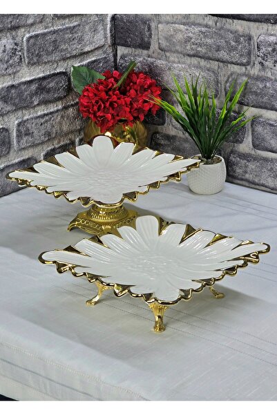 SEÇKİNEV Flora Porselen Zamak Döküm Ayaklı 2'li 24*24cm Kare Gold Set