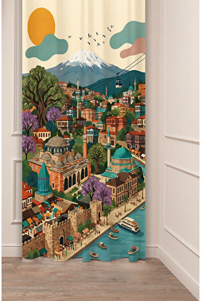 GREENDECOR Green Bursa Inspired Design Retro Illustration Background Curtain ...