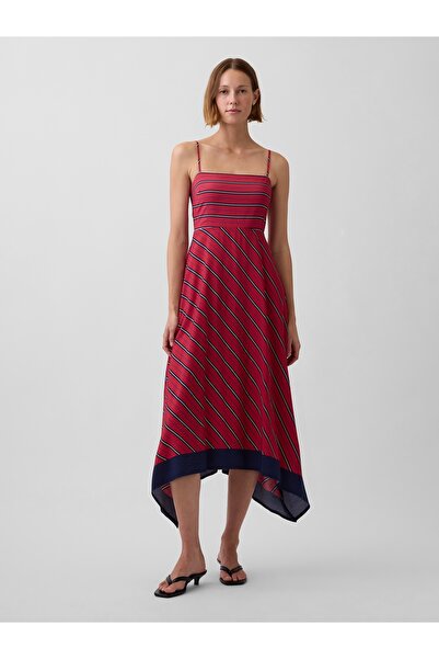 GAP Kadın Kırmızı Çizgili Handkerchief Midi Elbise
