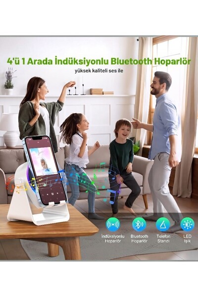 lstri Kablosuz Bluetooth Hoparlör ve Kaymaz Tabanlı Cep Telefonu Tutacağı, HD Surround Ses ve Led Renk Değiştirme Işığı, Büyük Kapasiteli Pil, Telefon ve Ipad ile Uyumlu (Siyah Beyaz)