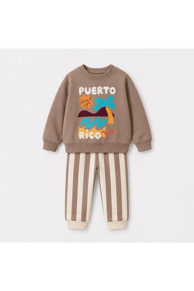 YİGİT BUTİK Boy's Printed Sweatshirt Striped Pants Top and Bottom Set