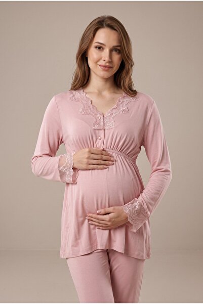 LOHOUSE Women's Powder Lace Buttoned Maternity Pajama Set for Easy Breastfeeding