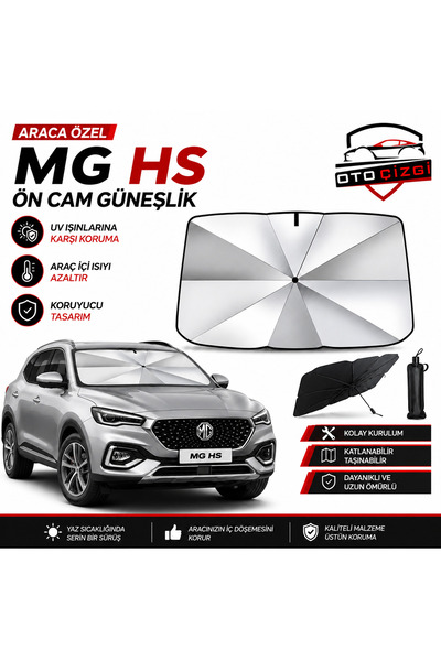Oto Çizgi MG HS Şemsiye Tip Ön Cam Güneşliği Katlanabilir UV Korumalı Araç Ca...