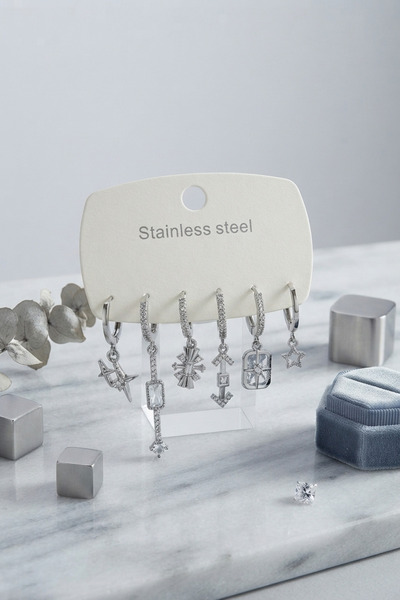 Marsilyan 316L Steel Silver Color Geometric Figure Women's Earring Set Tj-Bkp...