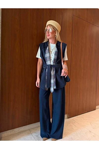 begum mayda Orijinal Model , İçi Ekoseli , Kuşaklı , Lacivert Yelek