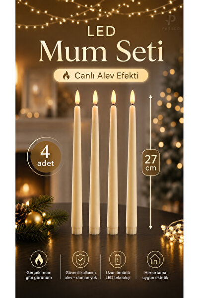 PASACO 4 Adet Pilli Alevsiz LED Şamdan Mumu Alev Efektli 27 cm Dekoratif Masa...