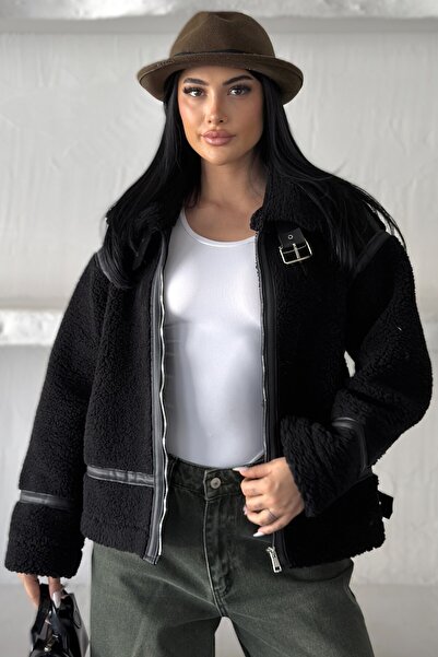 moda armanc Kadın Deri Şeritli Dik Yaka Peluş Ceket - Oversize Teddy Biker Mont