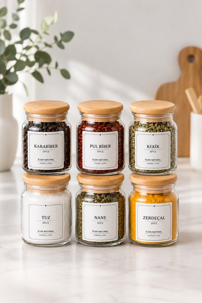 Durina Living 6-Piece Wooden Vacuum-Sealed Glass Spice Jar Set with Leak-Proof Lids 300 ml - 6 Spoons & 12 Labels as a Gift