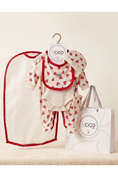 MiniKids Set cadou 5 piese, crem cu inimioare rosii