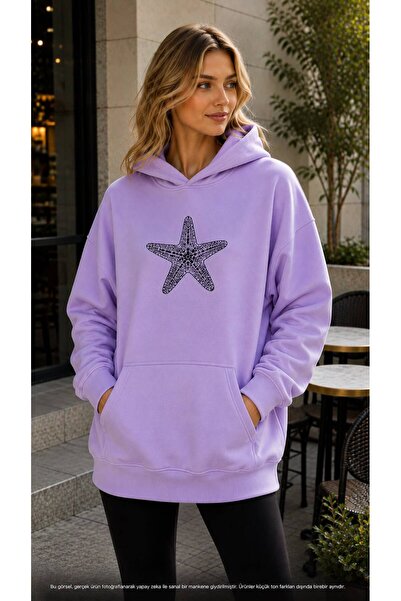 EMMODA Women's Large Starfish Printed Hooded Casual Sweatshirt with Kangaroo ...