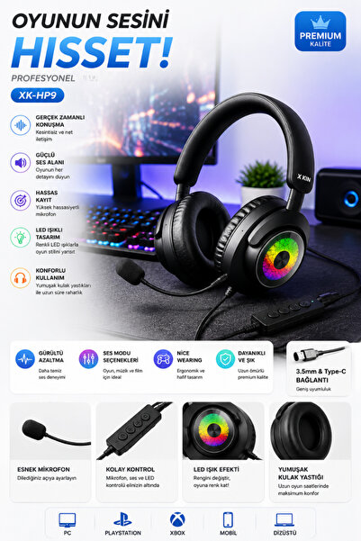 CROW'S TECH Oyuncu Kulaklığı Mikrofonlu RGB LED Işıklı 3.5mm Type-C PC PS Xbox Uyumlu