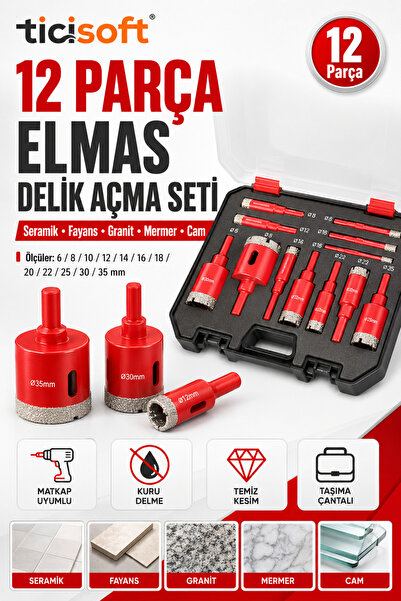 Ticisoft 12 Parça Elmas Delik Açma Panç Seti 6-35 mm Kuru Delme Matkap Uyumlu...