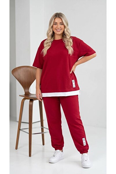 Koza Butik Women's Plus Size Short Sleeve Tracksuit Set with Side Label Detai...