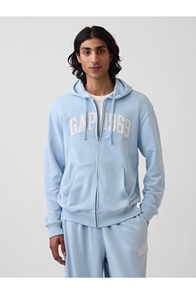GAP Erkek Açık Mavi Fransız Havlu Kumaş Relaxed 1969 Logo Fermuarlı Sweatshirt