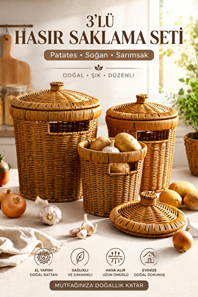 ego home 3'lü Patates Soğan Sarımsak Sepeti Seti - Rattan Dekoratif ve Düzenleyici Kapaklı Sebzelik Soğanlık