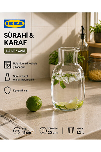 IKEA TREV Cam Sürahi Karaf 1.2 LT Dekoratif Şeffaf Saydam Su İçecek Şişesi Yü...