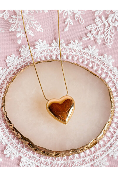 FLAWSOME JEWELRY STORE Curved Big Heart Steel Necklace Does Not Tarnish
