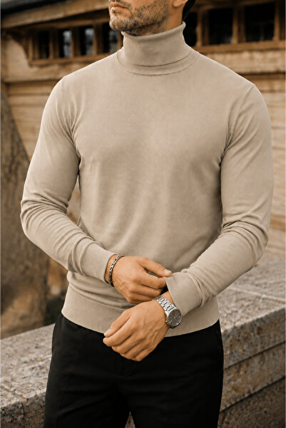 comstar Men's Trendy Winter High-Neck Cream Knit Sweater