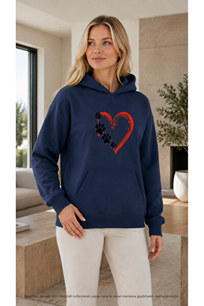 EMMODA Women's Cute Paw Print Heart Graphic Printed Hooded Kangaroo Pocket Ca...