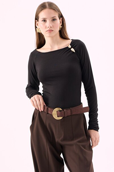 CrepTekstil Crep Women's Viscose Fabric Boat Neck Long Sleeve Blouse with Sho...