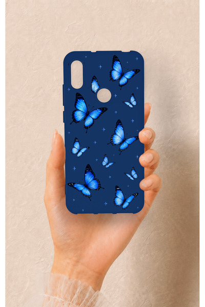 Vip Case Huawei Y6 2019 Uyumlu Parlak Mavi Kelebek Desenli Silikon Kılıf