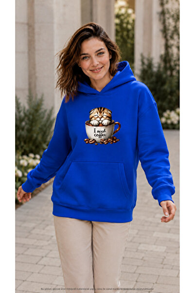 EMMODA Women's Coffee Themed Cat Inside Cup Graphic Printed Hooded Casual Swe...