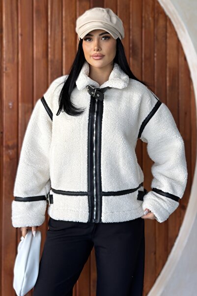 moda armanc Kadın Deri Şeritli Dik Yaka Peluş Ceket - Oversize Teddy Biker Mont