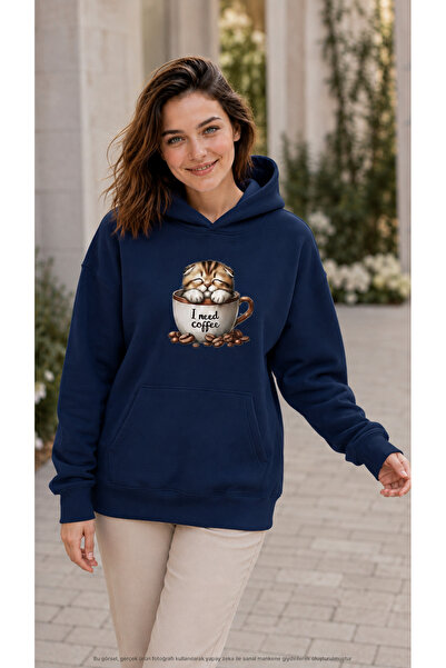 EMMODA Women's Coffee Themed Cat Inside Cup Graphic Printed Hooded Casual Swe...