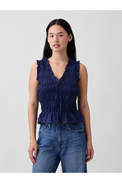GAP Kadın Lacivert Smocked Kolsuz Bluz
