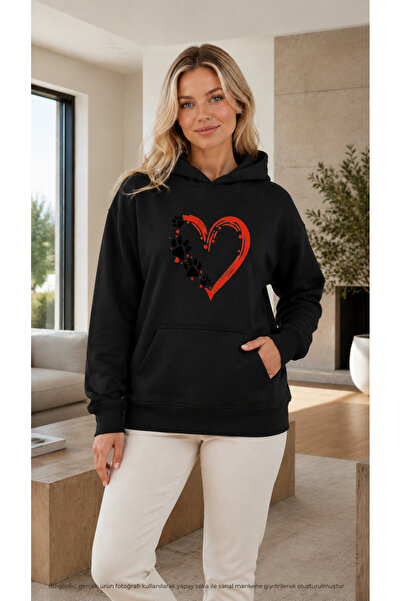 EMMODA Women's Cute Paw Print Heart Graphic Printed Hooded Kangaroo Pocket Ca...