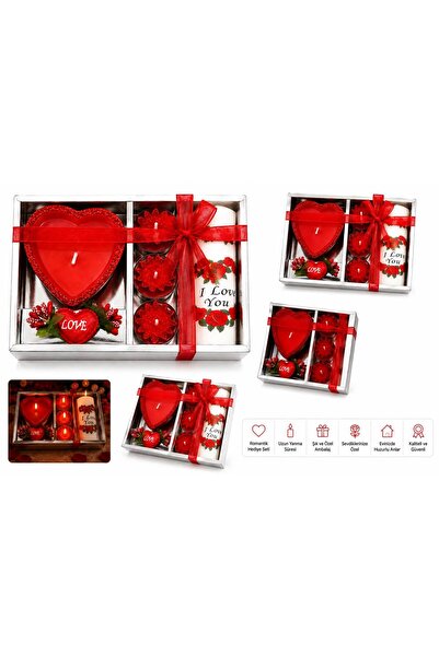 Floraglow Sevgiliye Özel Romantik Mum Hediye Seti Kalpli Dekoratif Mum ve Gül Desenli Mum Seti