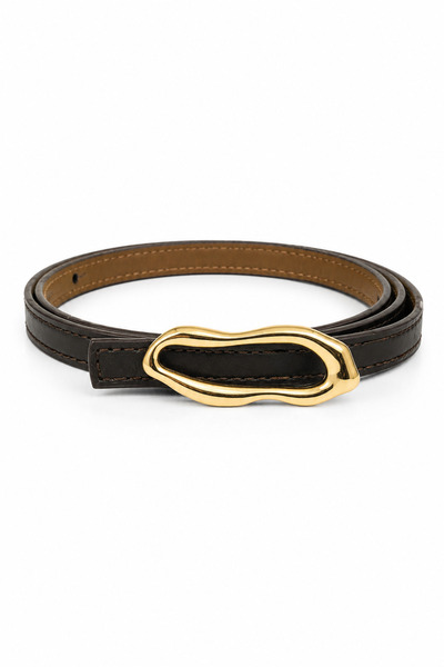 HAZELANNA Asymmetrical Bitter Brown Thin Leather Belt