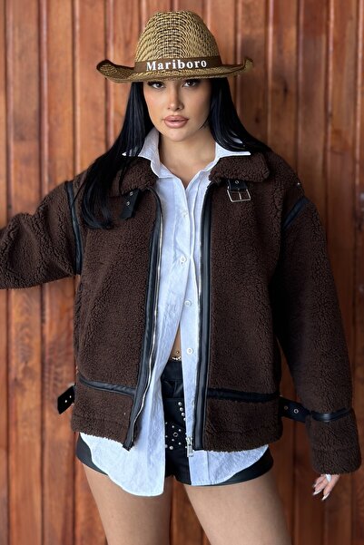 moda armanc Kadın Deri Şeritli Dik Yaka Peluş Ceket - Oversize Teddy Biker Mont