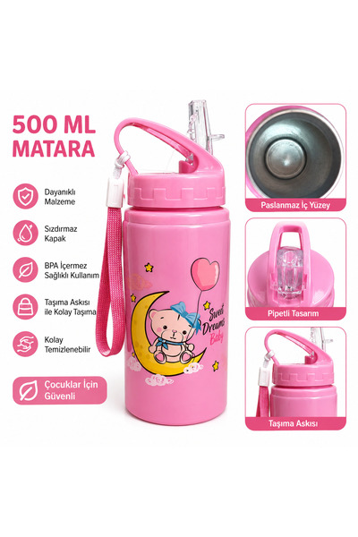 monthiron Aluminum Water Bottle 500 ml Children's Water Bottle with Straw Lea...