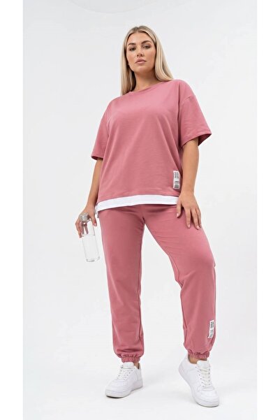 Koza Butik Women's Plus Size Short Sleeve Tracksuit Set with Side Label Detai...