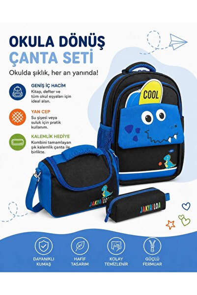MİECZ BAGS Sevimli Dinazor Figürlü Kapaklı Modern Çok Gözlü İlkokul Kız & Erk...