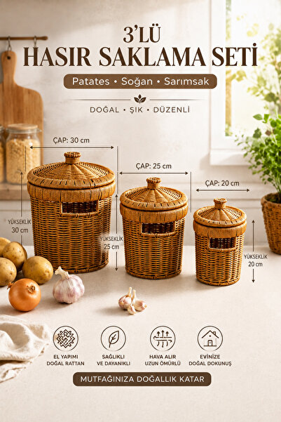 ego home 3'lü Patates Soğan Sarımsak Sepeti Seti - Rattan Dekoratif ve Düzenleyici Kapaklı Sebzelik Soğanlık