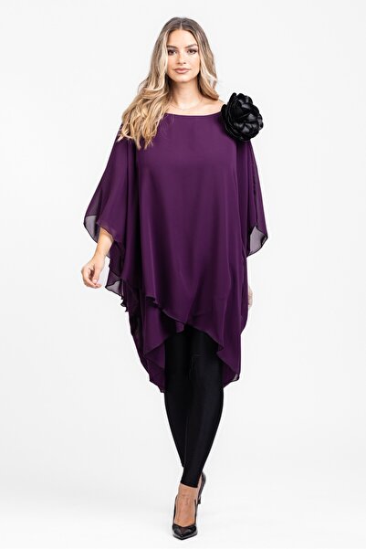SIMPLU FASHION Bluza eleganta din voal mov inchis cu brosa in forma de floare