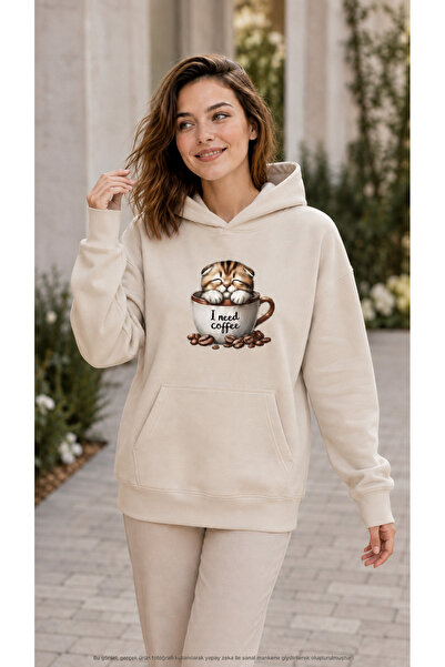 EMMODA Women's Coffee Themed Cat Inside Cup Graphic Printed Hooded Casual Swe...
