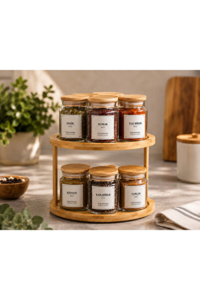 Durina Living 2-Tier Rotating Stand Glass Spice Rack Set with Wooden Lid 300 ...