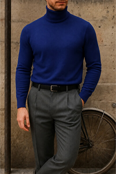 comstar Men's Premium High-Neck Navy Blue Knit Sweater