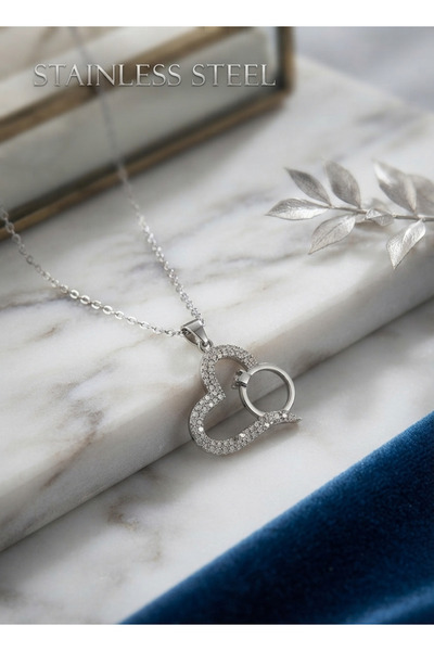 stainless steell 316L Steel Chain Silver Color Heart Pendant with Zircon Ston...