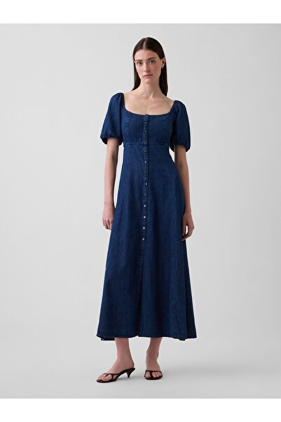 GAP Kadın Koyu Mavi Denim Puff-Sleeve Button-Front Maxi Elbise