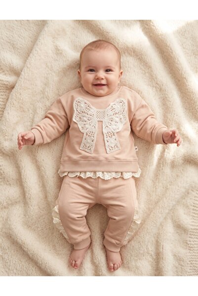MiniKids Compleu cu broderie fundita mare, bej