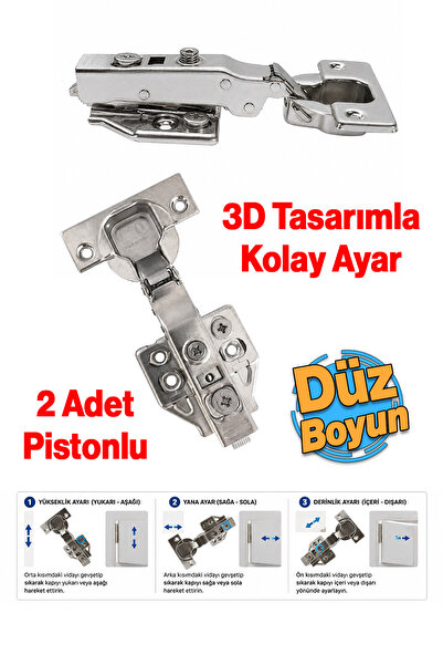 Badem10 Üç Boyutlu Ayarlanabilir Düz Boyun Frenli Pistonlu (2 Adet) Dolap Kap...