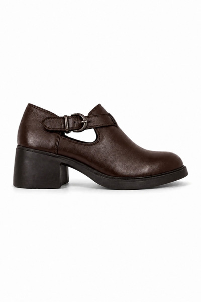 Ekonomik Ayakkabı 100% Genuine Leather Women's Brown Buckle Short Heeled Casu...